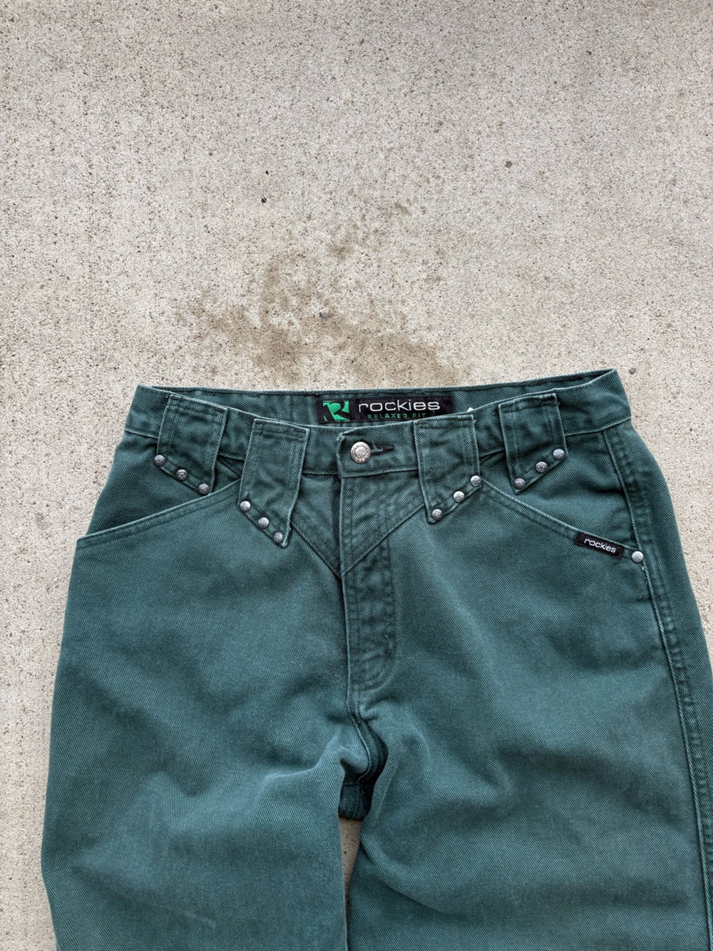 Vintage Rockies Studded High Rise Jeans Bareback Forest Green Womens 29x35